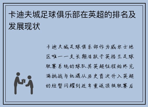 卡迪夫城足球俱乐部在英超的排名及发展现状
